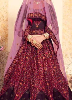 Wine Satin Embroidered Umbrella Lehenga Wedding Wear