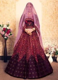 Wine Satin Embroidered Umbrella Lehenga Wedding Wear -ZariGrace Shop wine satin embroidered umbrella lehenga ghsak43011608 u
