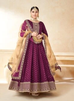 Wine Taffeta Embroidered Anarkali Suit Party Wear -ZariGrace Shop wine taffeta embroidered anarkali suit slsdc5202 u