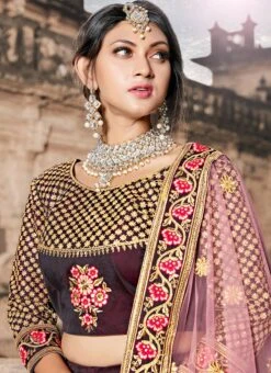 Wine Taffeta Embroidered Sequins Umbrella Lehenga Festive Wear -ZariGrace Shop wine taffeta embroidered sequins umbrella lehenga ghsad1509 b