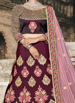 Wine Taffeta Embroidered Sequins Umbrella Lehenga Festive Wear