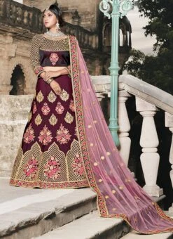 Wine Taffeta Embroidered Sequins Umbrella Lehenga Festive Wear -ZariGrace Shop wine taffeta embroidered sequins umbrella lehenga ghsad1509 u