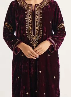 Wine Velvet Embroidered Straight Pant Suit Party Wear