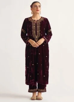 Wine Velvet Embroidered Straight Pant Suit Party Wear -ZariGrace Shop wine velvet embroidered straight pant suit krdvc29 u