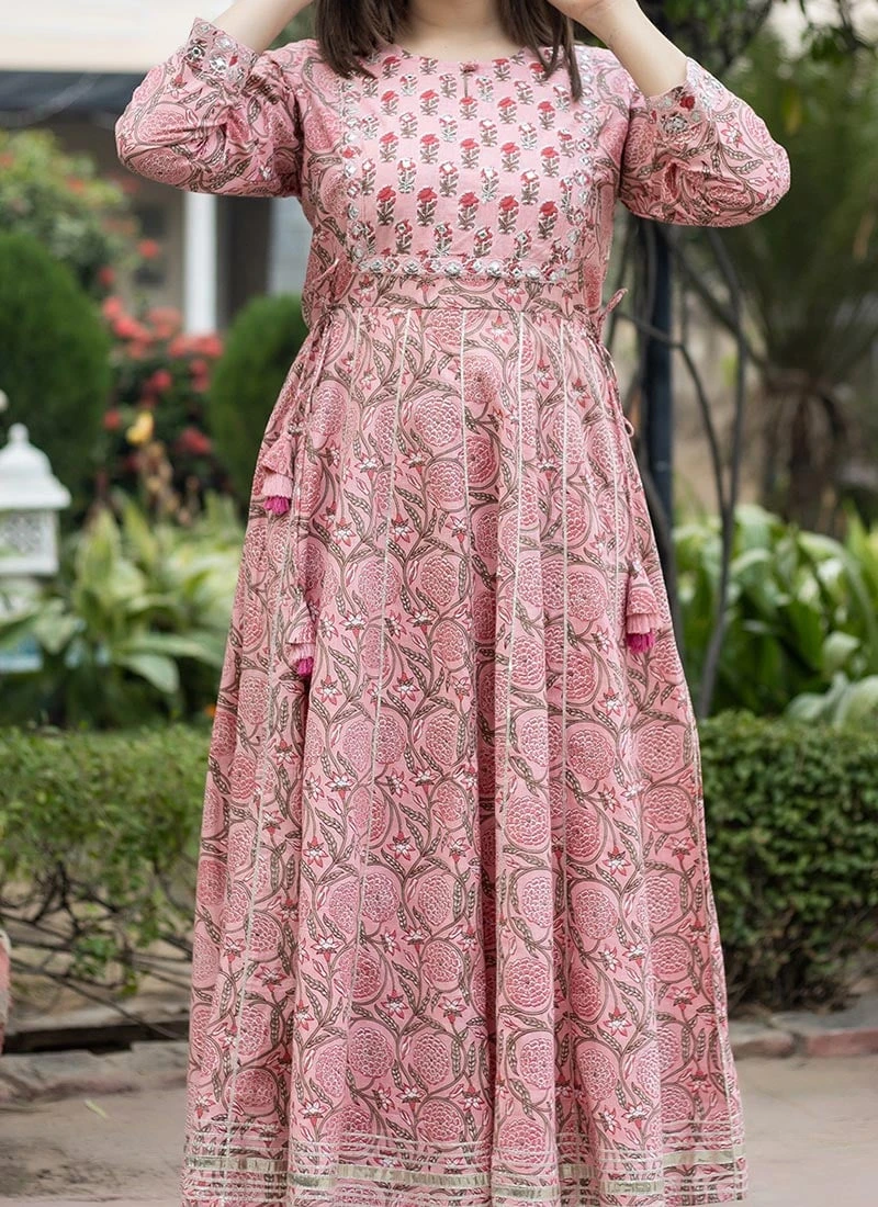 Women Pink Floral Printed Anarkali Top N Straight Pant Work Wear 3 Women Pink Floral Printed Anarkali Top N Straight Pant Work Wear