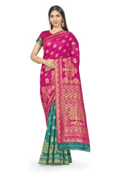 Woven Work Pink N Green Color Banarasi Silk Saree Festive Wear -ZariGrace Shop woven work pink n green color banarasi silk saree sasstsktww8560a u