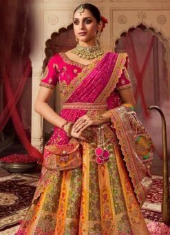 Yellow Art Silk Banarasi Stone Work Umbrella Lehenga Wedding Wear -ZariGrace Shop yellow art silk banarasi stone work umbrella lehenga ghmkns10255 b