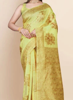 Yellow Art Silk Cotton Jacquard Chanderi Sari Festive Wear