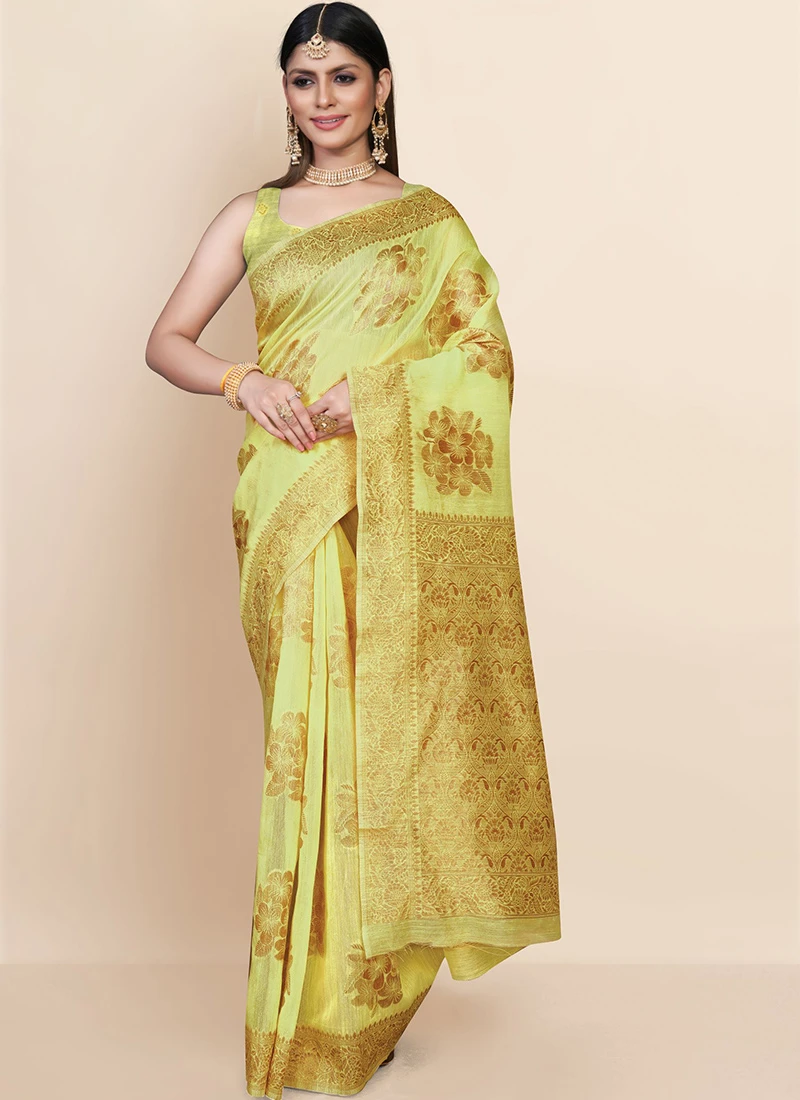 Yellow Art Silk Cotton Jacquard Chanderi Sari Festive Wear 5 Yellow Art Silk Cotton Jacquard Chanderi Sari Festive Wear - Image 3