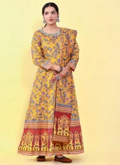 Yellow Art Silk Printed Gown After Six Wear -ZariGrace Shop yellow art silk printed gown bgwrsuf702 u