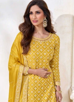 Yellow Chinon Embroidered Umbrella Lehenga Party Wear -ZariGrace Shop yellow chinon embroidered umbrella lehenga ghska47329701 b