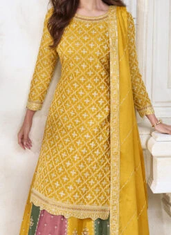 Yellow Chinon Embroidered Umbrella Lehenga Party Wear