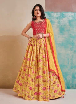 Yellow Chinon Printed Work A Line Lehenga Choli Party Wear -ZariGrace Shop yellow chinon printed work a line lehenga choli ghska459758002 u