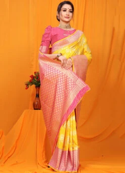 Yellow Color Patola Silk With Zari Weaving Work Saree Party Wear -ZariGrace Shop yellow color patola silk with zari weaving work saree sasom110709 u