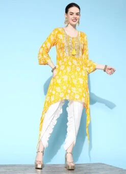 Yellow Cotton Printed Kurta Dhoti Set After Six Wear -ZariGrace Shop yellow cotton printed kurta dhoti set krsmz276733y u