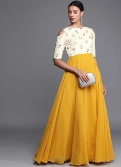 Yellow Embroidered Boat Neckline Gown Festive Wear -ZariGrace Shop yellow embroidered boat neckline gown IWBS01910299 u