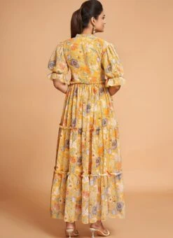 Yellow Georgette Digital Print Fit And Flare Dress After Six Wear -ZariGrace Shop yellow georgette digital print fit and flare dress drsacw9020 b