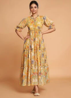 Yellow Georgette Digital Print Fit And Flare Dress After Six Wear -ZariGrace Shop yellow georgette digital print fit and flare dress drsacw9020 u