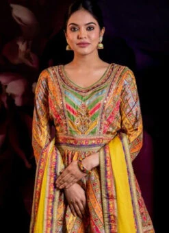 Yellow Georgette Printed Long Choli Lehenga Wedding Wear -ZariGrace Shop yellow georgette printed long choli lehenga ghdss729309 b