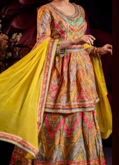 Yellow Georgette Printed Long Choli Lehenga Wedding Wear