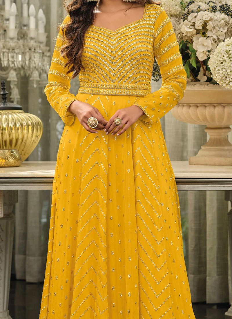Yellow Georgette Sequins Embroidery Anarkali Suit Party Wear 3 Yellow Georgette Sequins Embroidery Anarkali Suit Party Wear