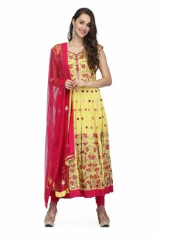 Yellow Georgette Thread Mirror Work Anarkali Suit Party Wear -ZariGrace Shop yellow georgette thread mirror work anarkali suit slkifh9966000435 u