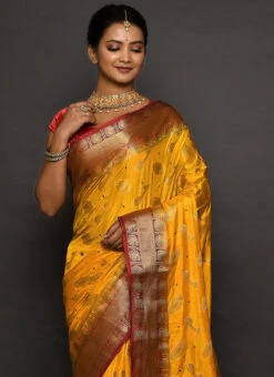 Yellow Kanjeevaram Silk Hand Work Saree Festive Wear 9 Yellow Kanjeevaram Silk Hand Work Saree Festive Wear -ZariGrace Shop yellow kanjeevaram silk hand work saree sadsf4691 b