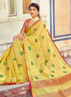 Yellow Linen Zari Work Saree Festive Wear -ZariGrace Shop yellow linen zari work saree sassgsus1006 b