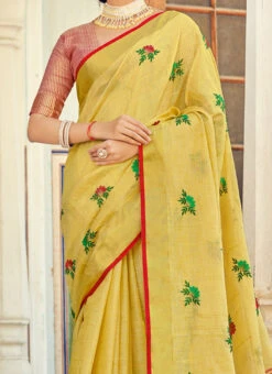 Yellow Linen Zari Work Saree Festive Wear