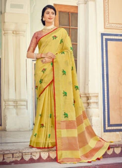 Yellow Linen Zari Work Saree Festive Wear -ZariGrace Shop yellow linen zari work saree sassgsus1006 u