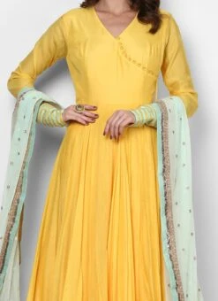 Yellow Muslin Cotton Embroidered Anarkali Suit Party Wear