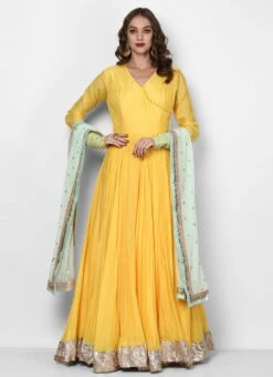 Yellow Muslin Cotton Embroidered Anarkali Suit Party Wear -ZariGrace Shop yellow muslin cotton embroidered anarkali suit sldvc104 u