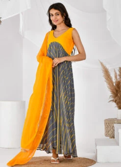 Yellow N Grey Chiffon Leheriya Anarkali Top With Dupatta After Six Wear -ZariGrace Shop yellow n grey chiffon leheriya anarkali top with dupatta sljrfrp4015 u