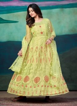 Yellow Net Embroidered Anarkali Suit Party Wear -ZariGrace Shop yellow net embroidered anarkali suit slsacw2493 u