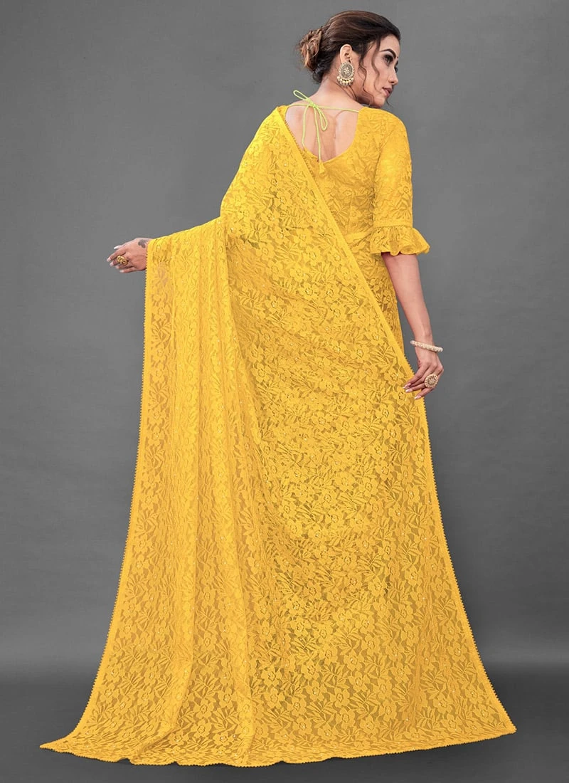 Yellow Net Lace Saree Party Wear 6 Yellow Net Lace Saree Party Wear - Image 4
