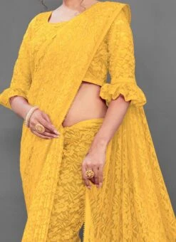 Yellow Net Lace Saree Party Wear