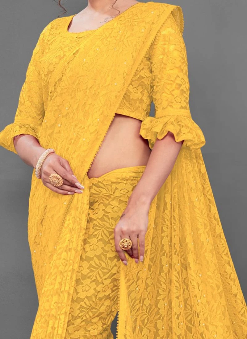 Yellow Net Lace Saree Party Wear 3 Yellow Net Lace Saree Party Wear