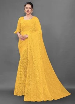 Yellow Net Lace Saree Party Wear 8 Yellow Net Lace Saree Party Wear -ZariGrace Shop yellow net silk lace saree sasye102y u