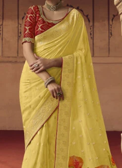 Yellow Organza Silk Resham Embroidery Saree Party Wear