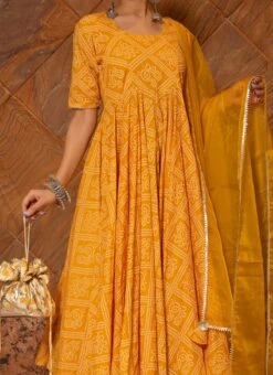 Yellow Pure Cotton Bandhej Printed Anarkali Suit Party Wear