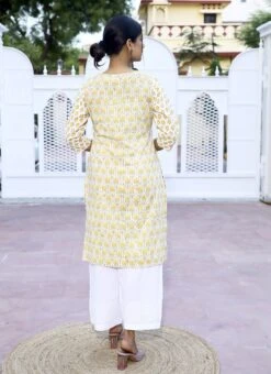 Yellow Pure Cotton Hand Block Printed Kurta Semi Palazzo Set After Six Wear -ZariGrace Shop yellow pure cotton hand block printed kurta semi palazzo set krsjbp2022a2095b b