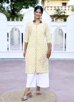 Yellow Pure Cotton Hand Block Printed Kurta Semi Palazzo Set After Six Wear -ZariGrace Shop yellow pure cotton hand block printed kurta semi palazzo set krsjbp2022a2095b u