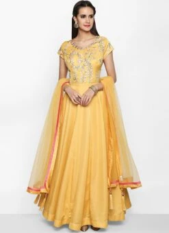 Yellow Silk Embroidered Anarkali Suit Party Wear -ZariGrace Shop yellow silk embroidered anarkali suit sldvc107 u