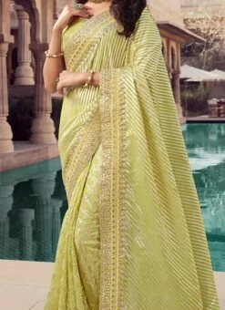 Yellow Viscose Chanderi Georgette Embroidery N Zari Work Saree Party Wear