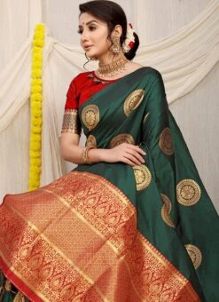 Zari Weaving Work Dark Green Color Soft Patola Silk Saree Festive Wear -ZariGrace Shop zari weaving work dark green color soft patola silk saree sasom110727 b