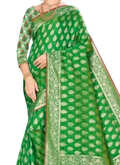 Zari Work Banarasi Silk Green Color Saree Festive Wear