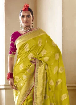 Zari Work Green Color Dola Silk Saree Festive Wear -ZariGrace Shop zari work green color dola silk saree samam1906 b