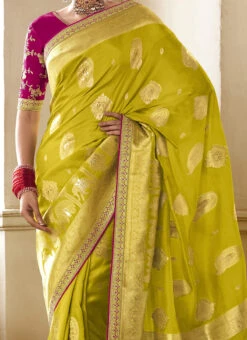 Zari Work Green Color Dola Silk Saree Festive Wear