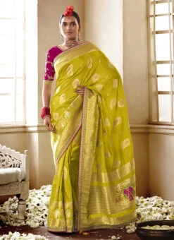 Zari Work Green Color Dola Silk Saree Festive Wear -ZariGrace Shop zari work green color dola silk saree samam1906 u