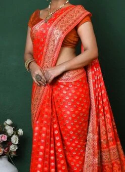 Zari Work Orange Color Pure Silk Chiffon Georgette Saree Festive Wear